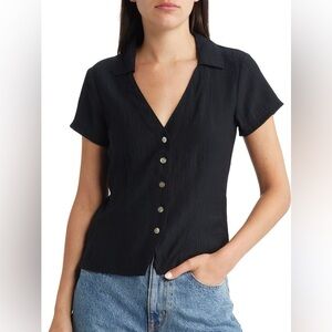 Madewell Classic Black Flutter Sleeve Button Down Shirt Sz. S Notched V-Neck